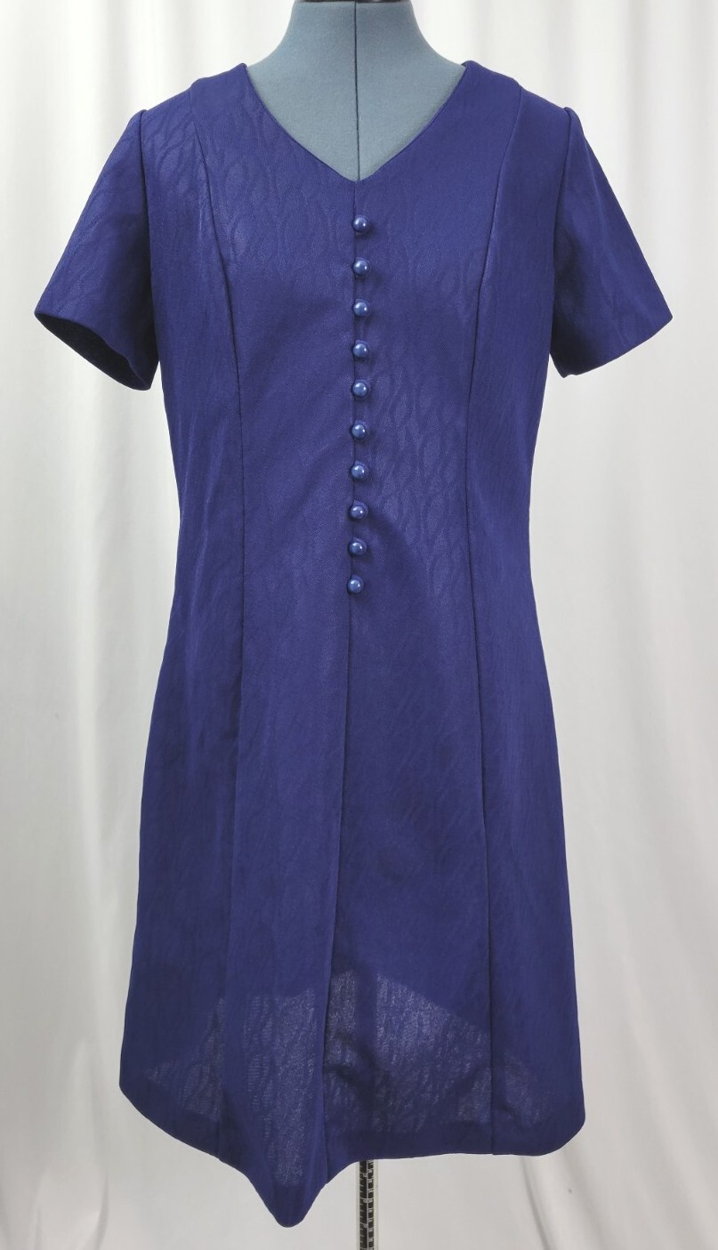 Vtg Navy Blue on Navy Blue Pattern Princess Seam Dress w Faux Buttons Size M/L?