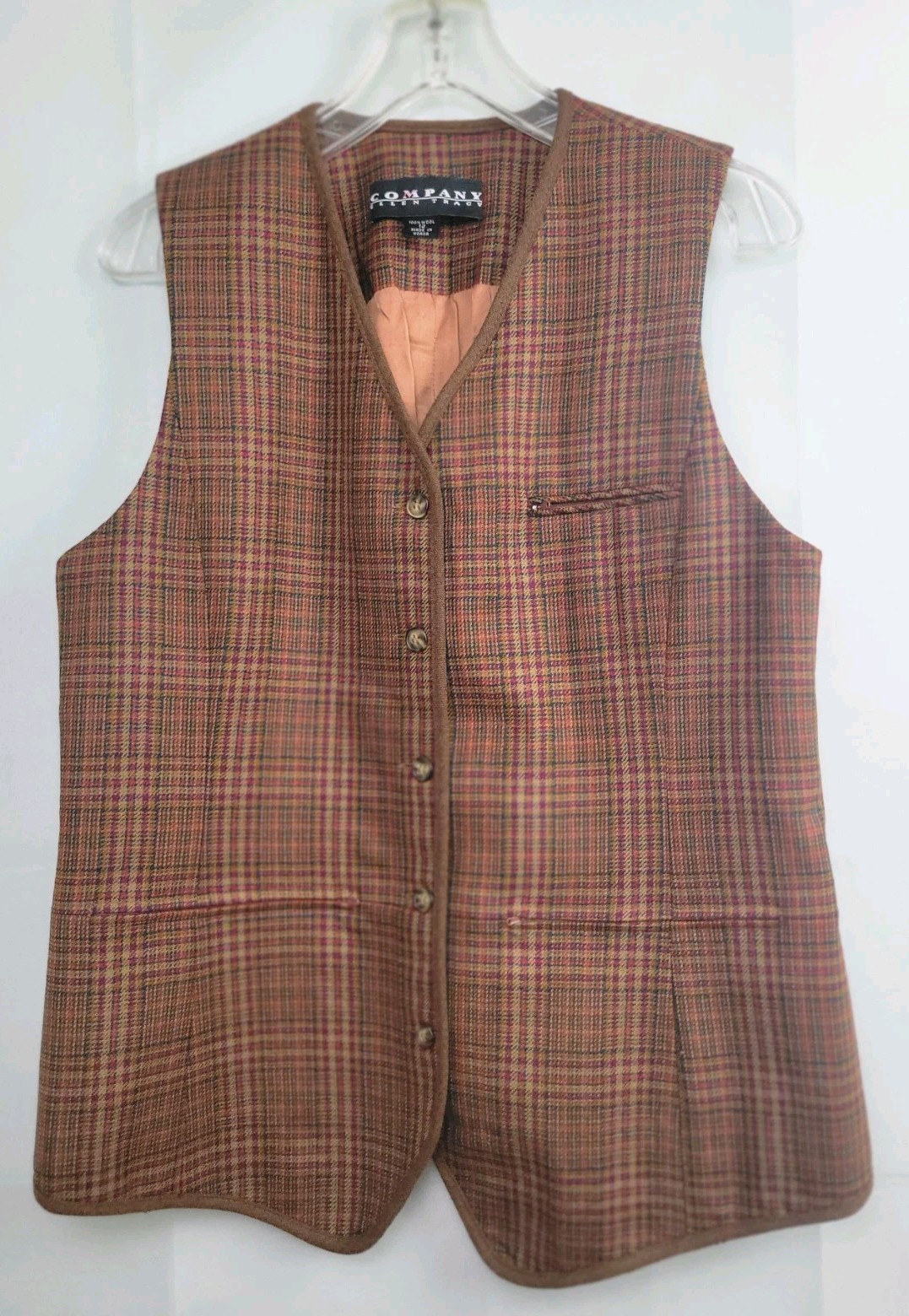 VNTG Company By Ellen Tracy 100% Wool Tweed Waist Coat Vest Plaid Size 12