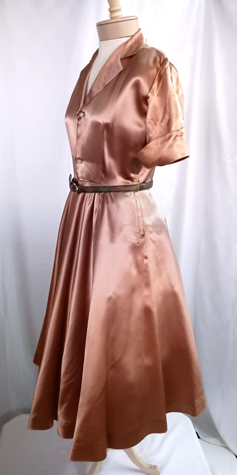 Vintage 50’s Gold Rayon Satin Shirtwaist Short Sleeve Dress & Belt Medium