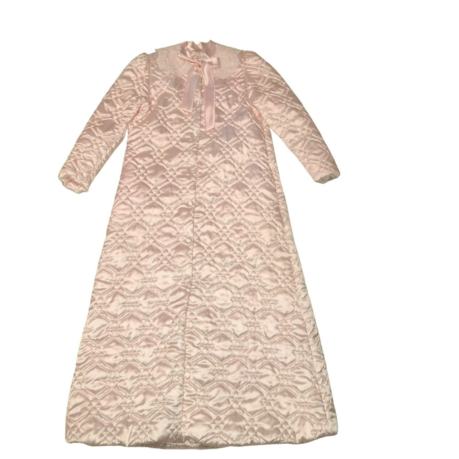 NWOT Vtg Pink Satin Robe Size S Barbizon Full Length Quilted Collar Bow Womens