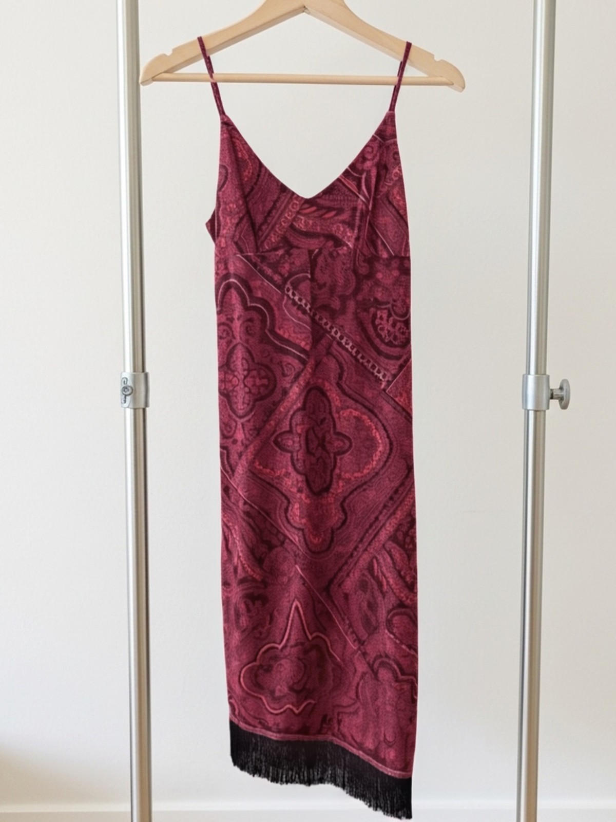 Vintage 90s Dawn Joy Velvet Paisley Slip Dress Asymmetric Fringe Whimsigoth 3/4