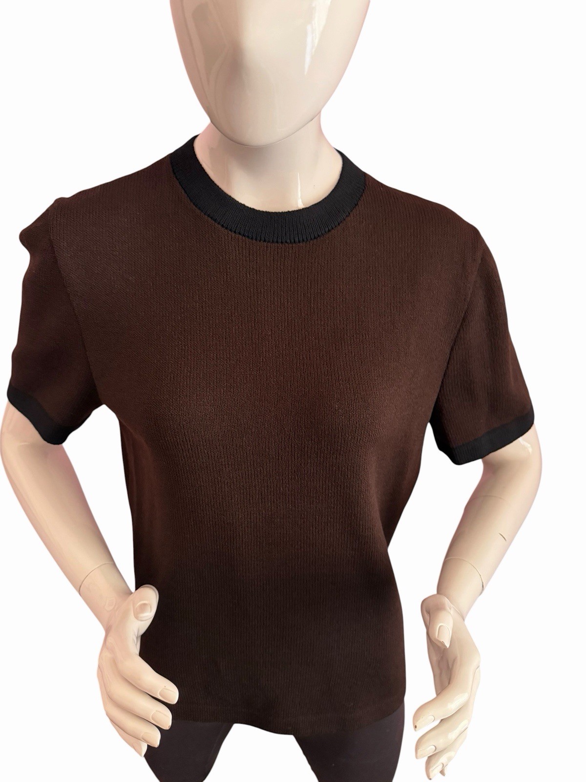 VTG St John Santana Knit Top Mock Neck Pullover LARGE Short Sleeve Brown Black
