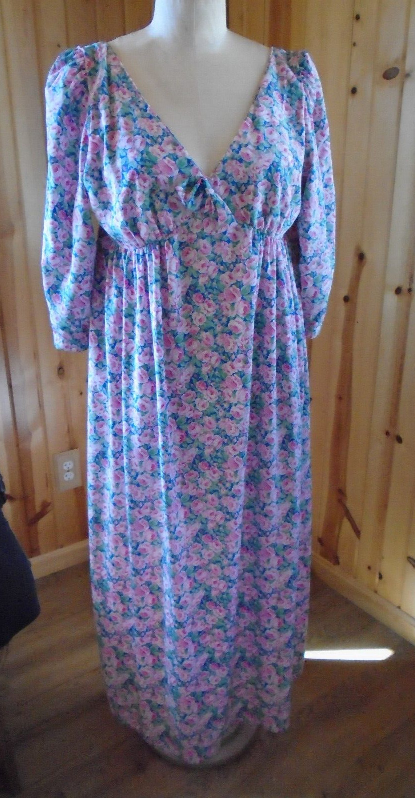 EILEEN WEST vintage night gown LONG deep V front & back size large floral LK NU