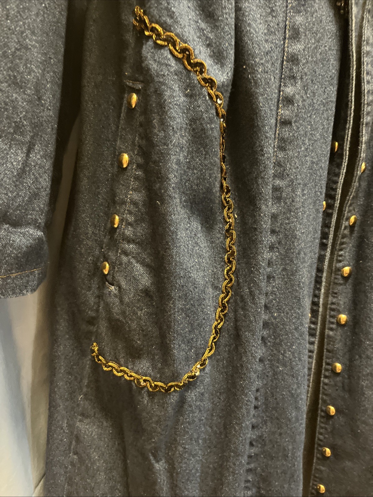 RARE Vintage 80s Charle Casuals Beaded Tapestry Gold Denim DUSTER BOHO See Pix