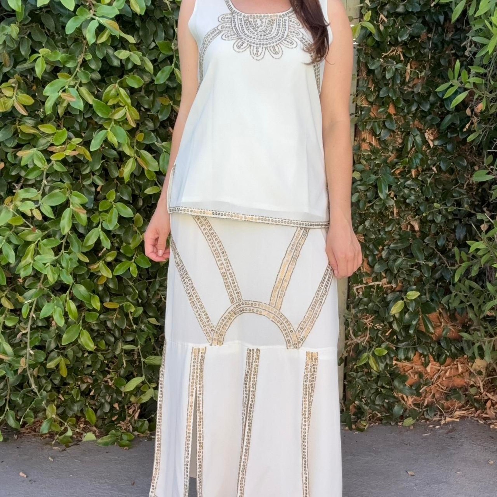 Vintage 90s 2 Piece Resortwear Boho Maxi Skirt Ivory Gold Sequin Set