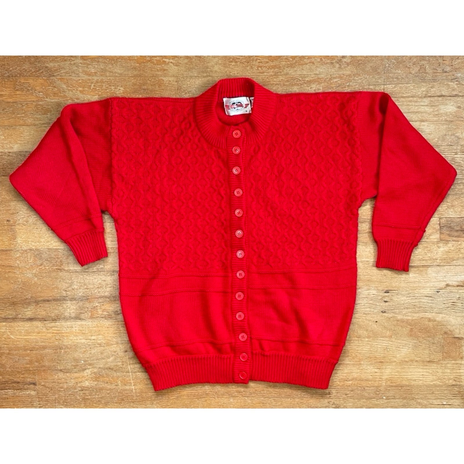 Vintage Cable Knit Cardigan Size XL/1X (20W) 1980s Red Acrylic Sweater