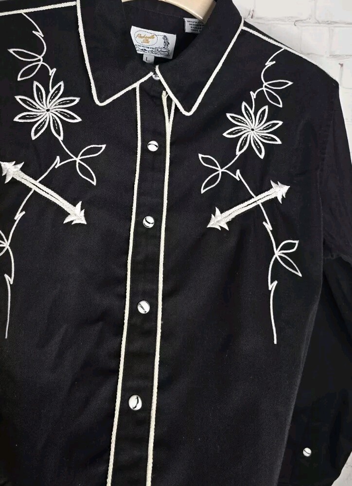 Panhandle Slim Western Pearl Snap Embroidery Black Shirt Rodeo Women Sz L USA