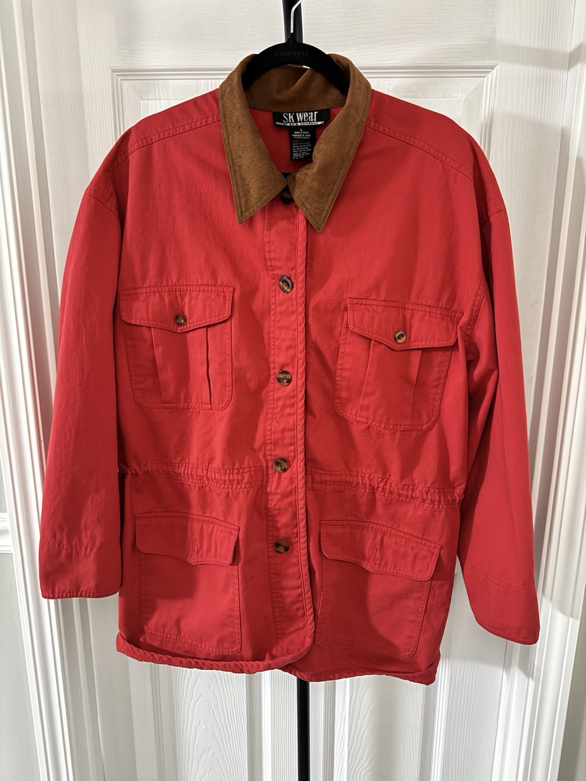 SK Wear Red Utility Jacket Brown Faux Suede Collar Women’s L Cotton Field Coat