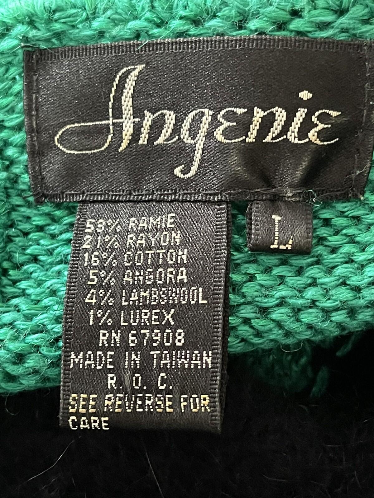 80s VTG ANGENIE Sz L Beaded Green Black Ramie Rayon Cotton Angora LS Sweater