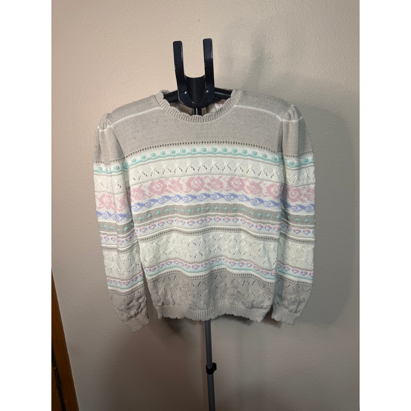 Vintage Beldoch Popper Fair Isle Pointelle Knit Sweater Pastel Puff Sleeve Grey