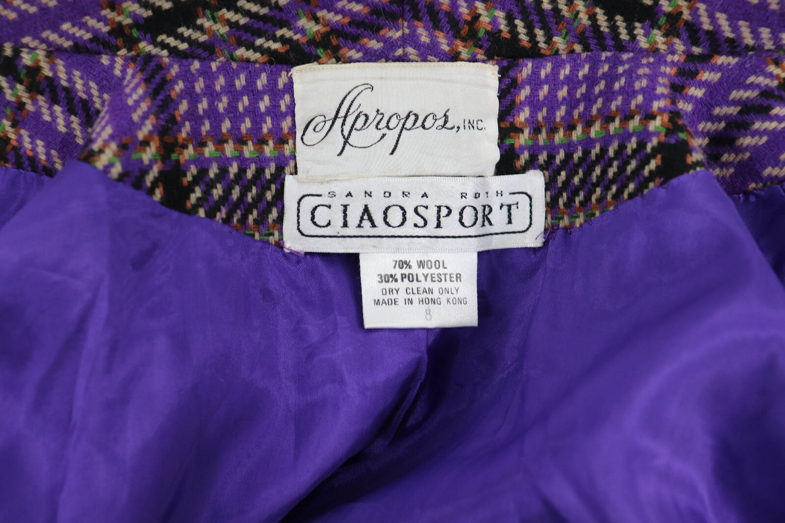 80s Apropos Inc – Sandra Roth Ciaosport – Purple and Black Plaid Blazer Coat