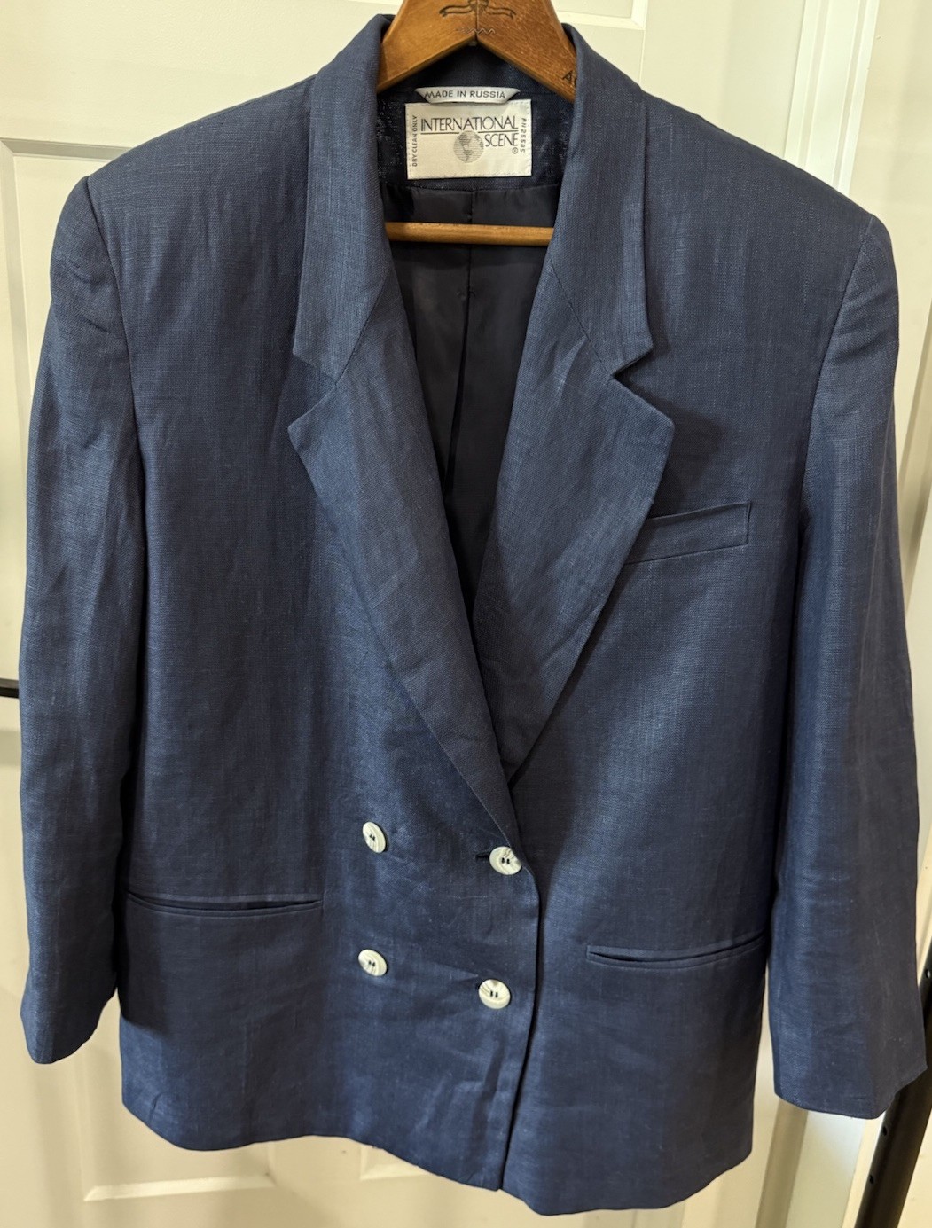 Vintage 80s Blazer INTERNATIONAL SCENE Linen Jacket 4 button sz 10 shoulder pads