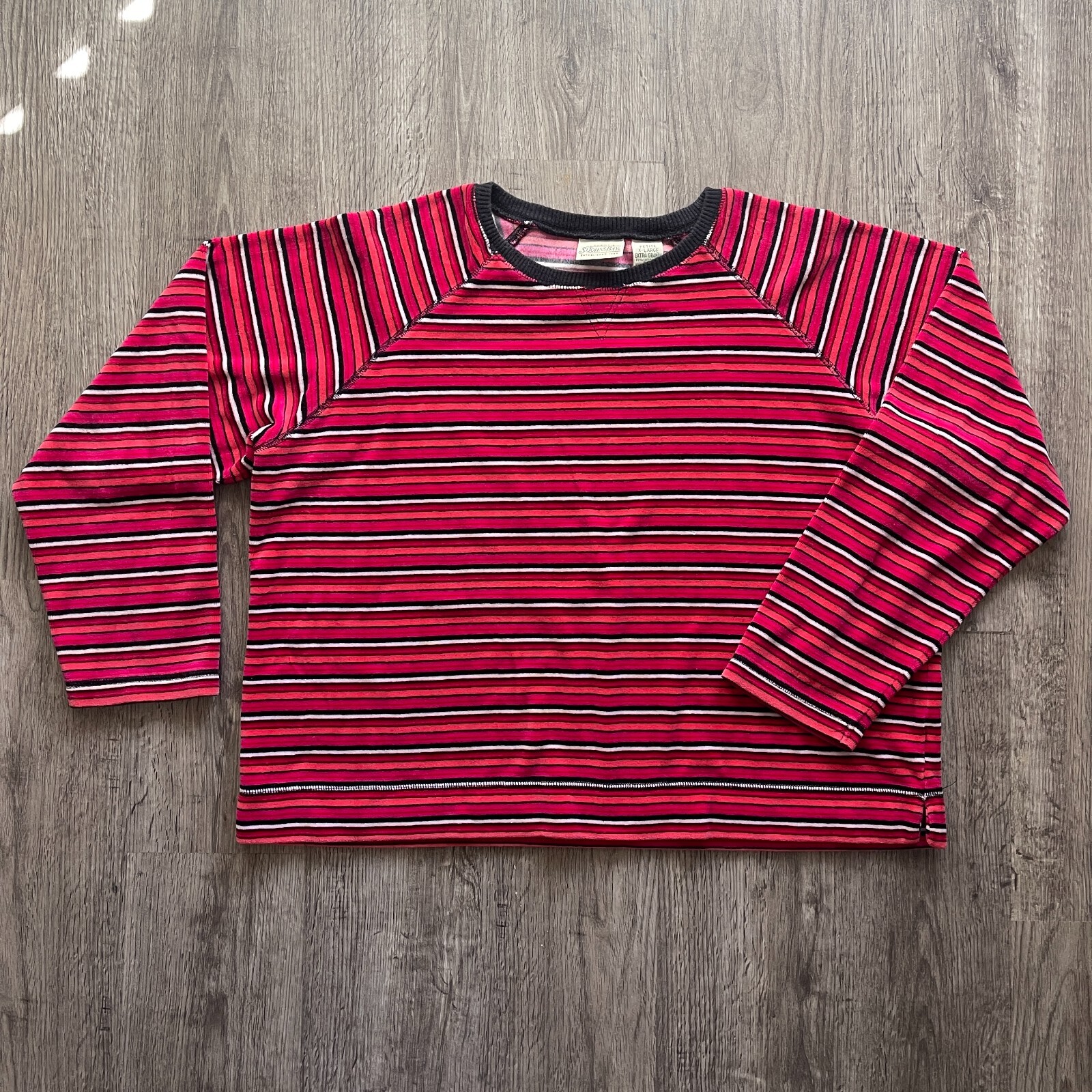 VTG 90s St Johns Bay Velour Pink Orange White Stripe L/S Casual Top Sz Petite XL