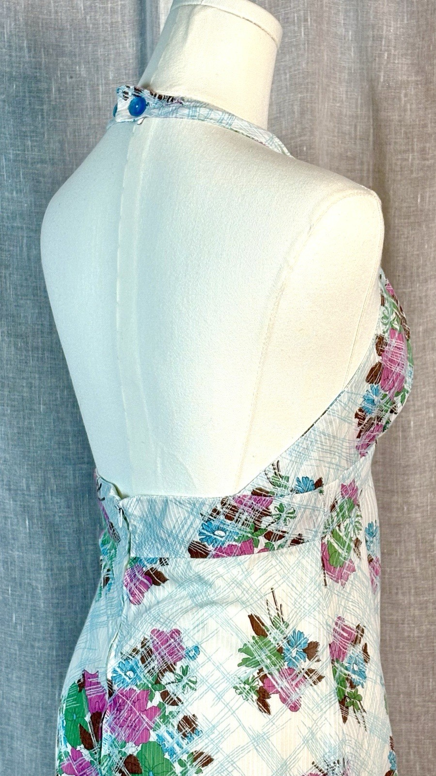 Vintage 70’s White Halter Maxi Dress Floral Backless Boho Hippie Size XS Small