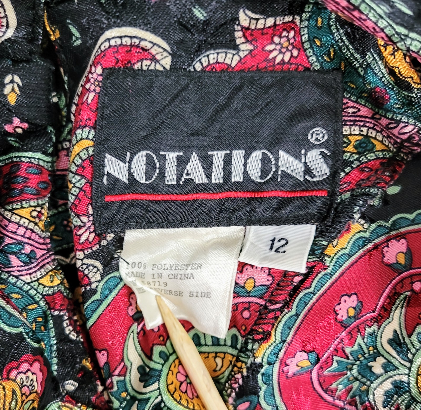 Vintage Notations Black/Red/Green/Brown Paisley Print Blouse Size 12