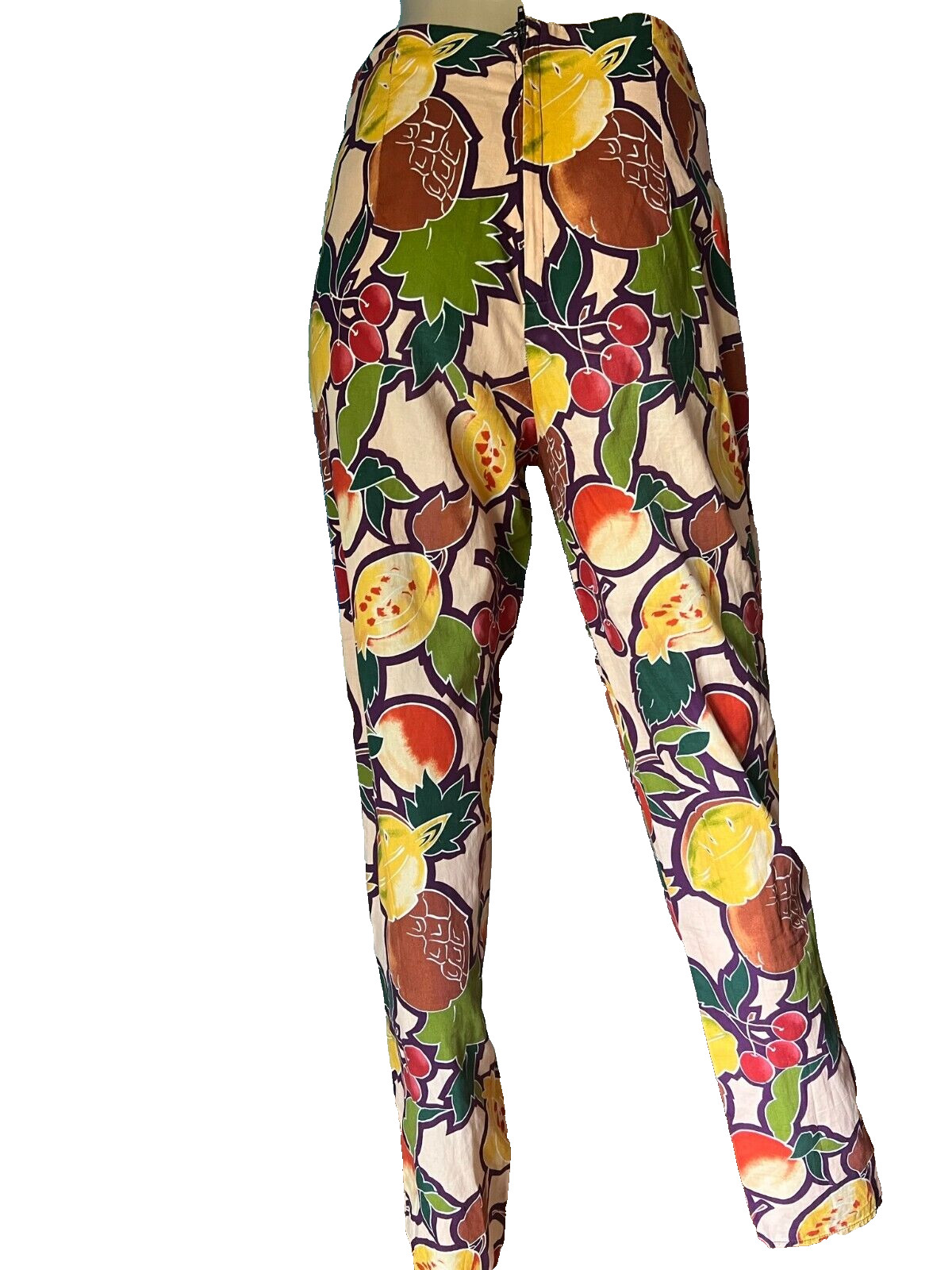 Vintage 1950s Cherry Print Cotton Pencil Pants S Fruit Pattern Crop Pant