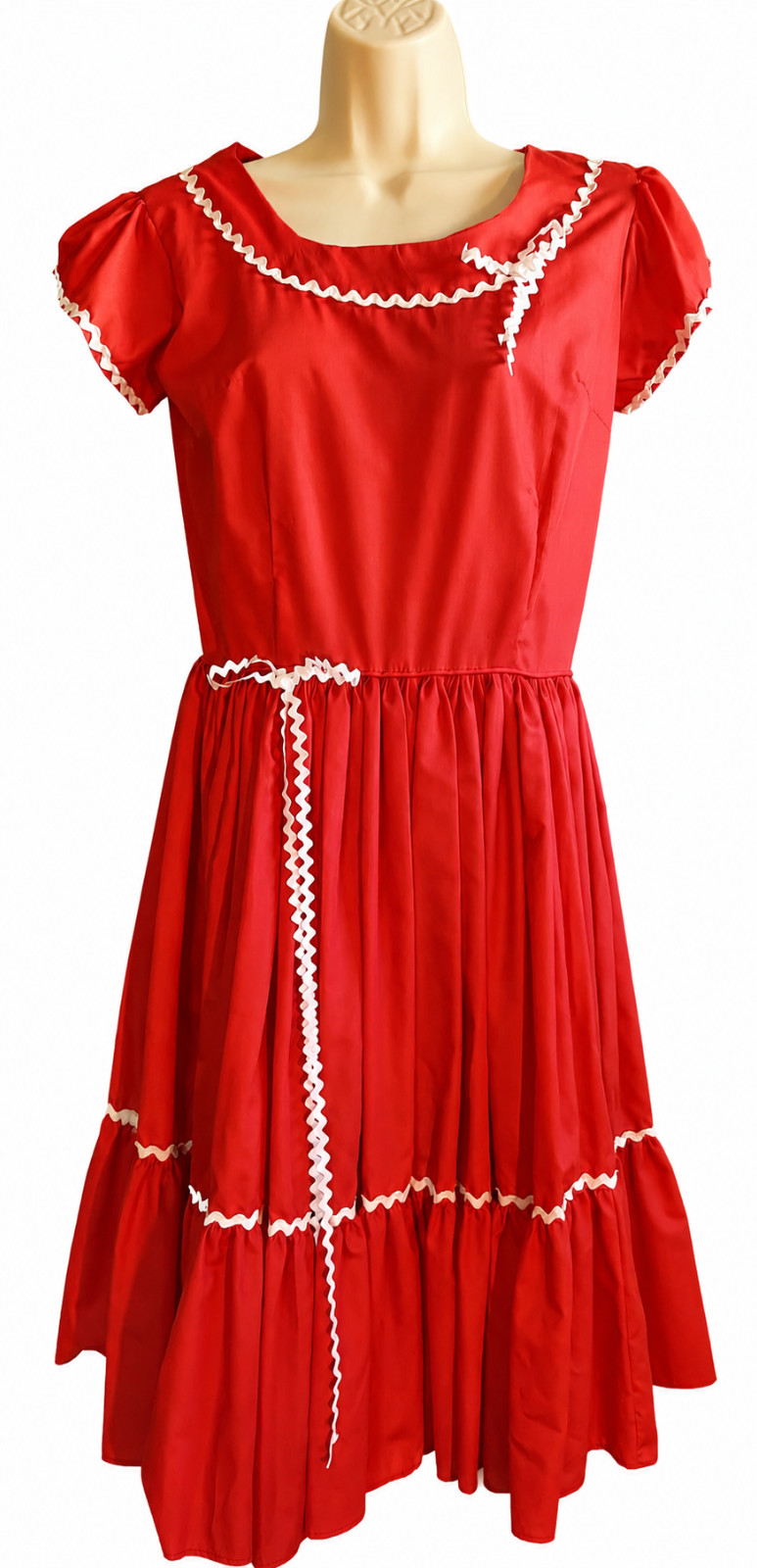 Vintage Red Square Dance Dress in Red with White Rick-rack Trim Size M