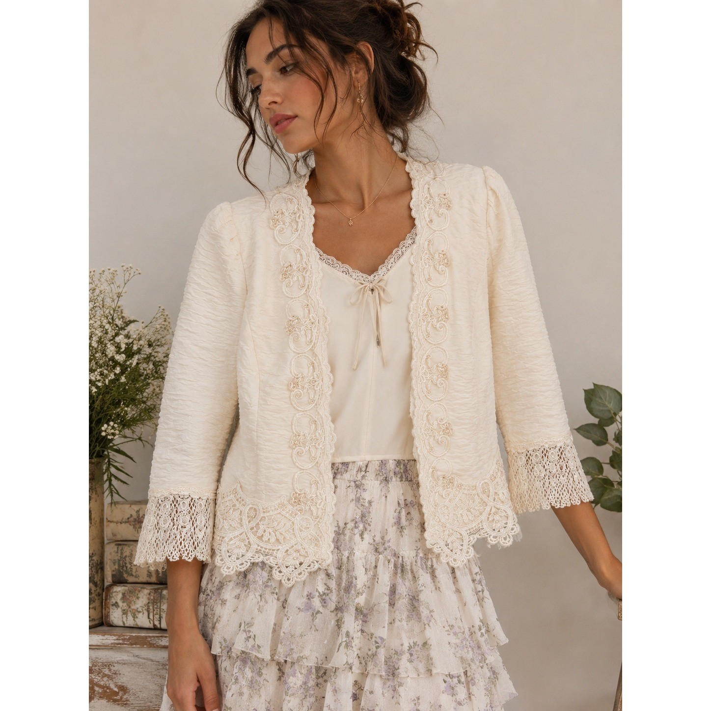 Cottagecore Fairycore Granny Chic Romantic Lace Pearl Jacket Size 11/12