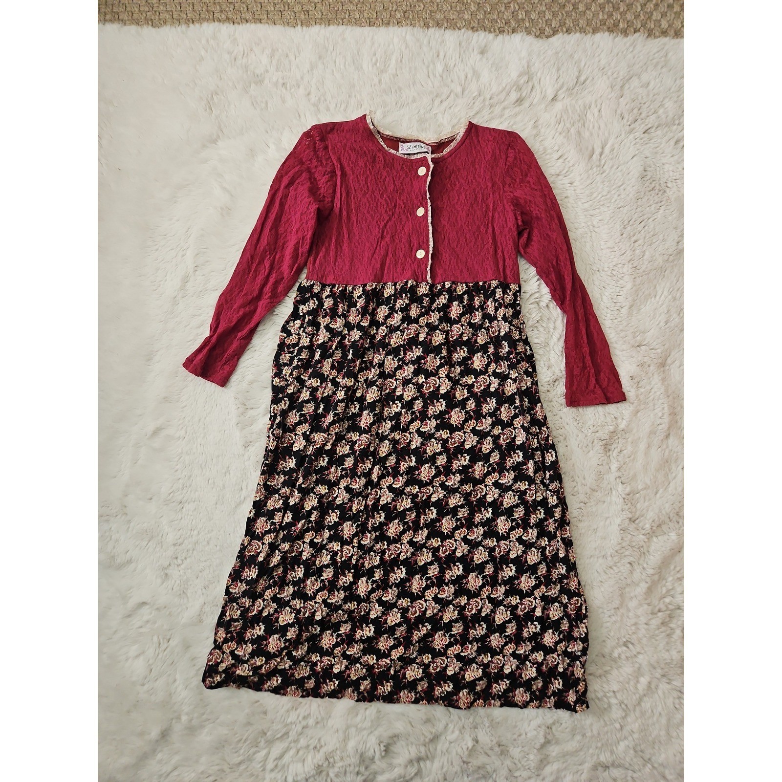 VTG 90s LA Chic California Floral Dress Burgundy Grunge Prairie Cottagecore S