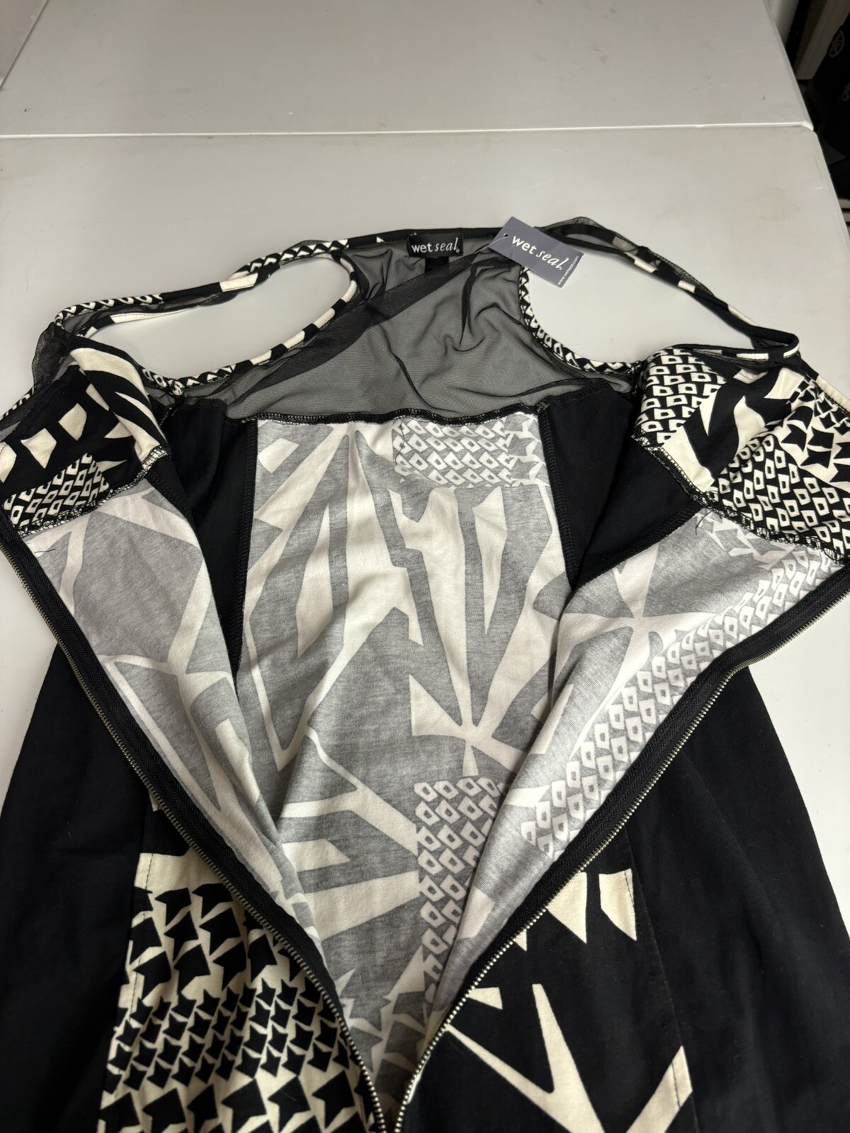 Vintage Wet Seal Body Con Mini Dress – Black & Cream Full Zip Mesh Cut outs – XL