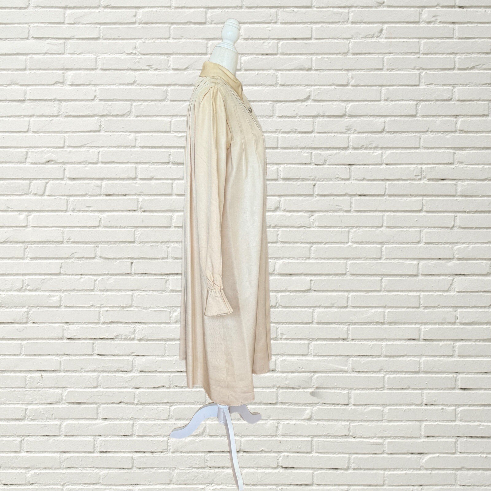 Vintage 60s Cream Silk Bill Blass Dress Button Front Pintuck Pleating