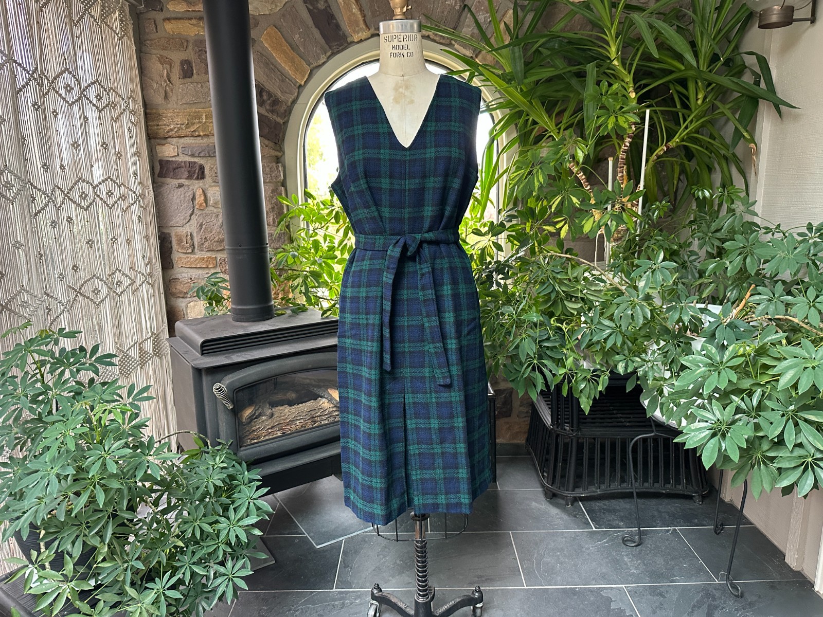 Vintage 1970s Navy Blue Green Plaid Wool Belted Jumper Dress Johnny Appleseed’s