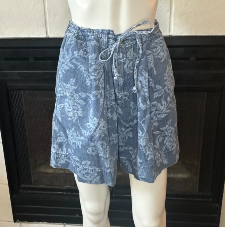 Vtg Blue Blues B Etc. 100% Cotton Roses acid print Shorts size 12 waist 29″