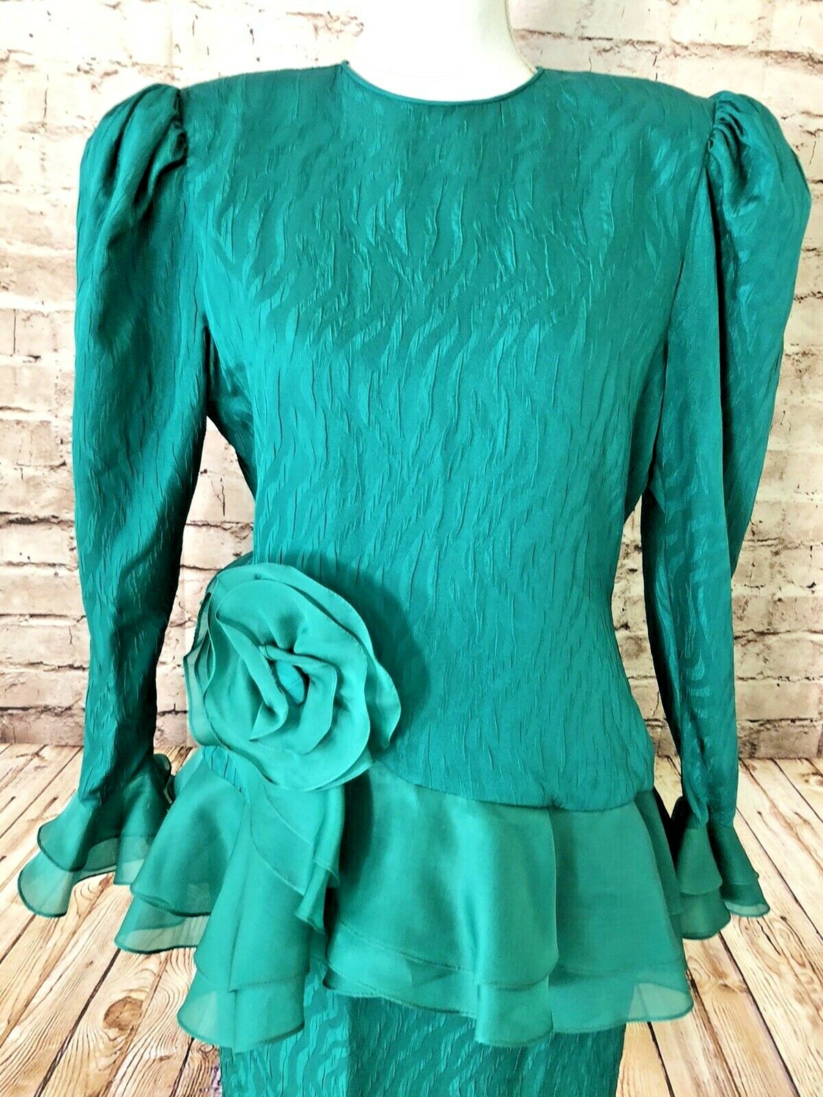 Vintage 80s Rina di Montella Emerald Green Silk Peplum Big Flower DYNASTY Dress