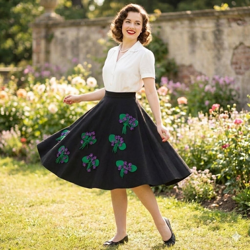 Vintage 50s Black Felt Circle Skirt Purple Floral Applique Wool Rockabilly XS