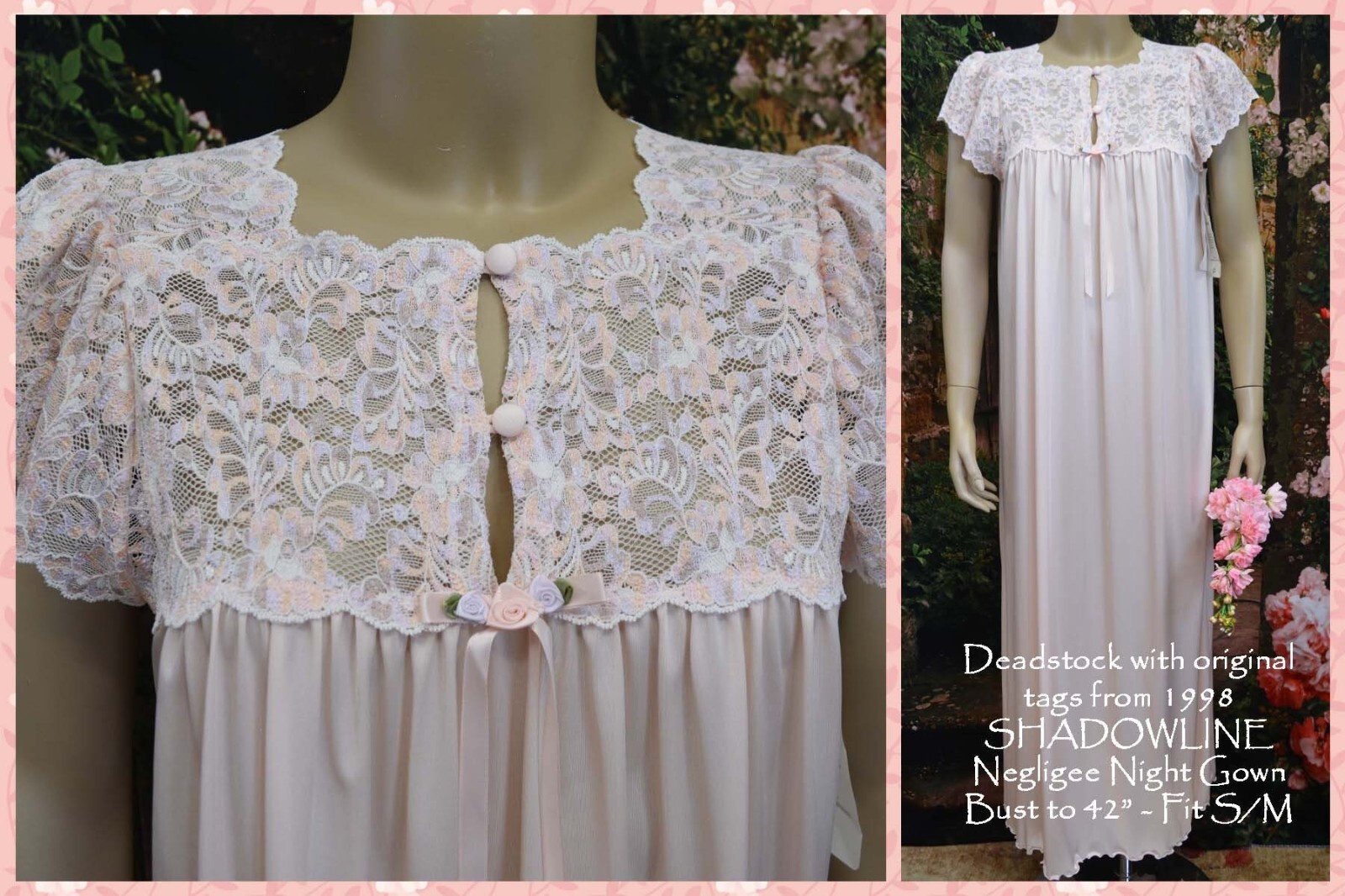 SHADOWLINE Pink Negligee Night Gown, Lace, Satin Ribbon, Feminine, NOS, Vintage