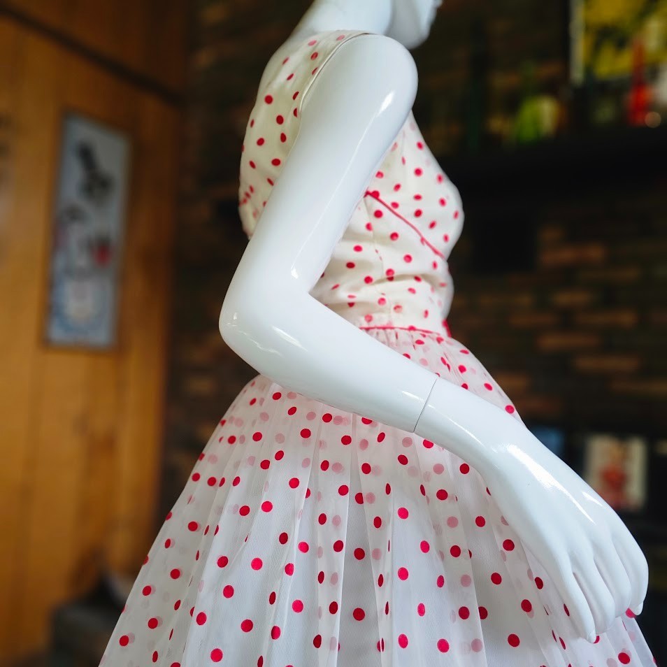 Vintage 50s Flocked Cherry Red Polka Dot Organza Shelf Bust Prom Wedding Dress S