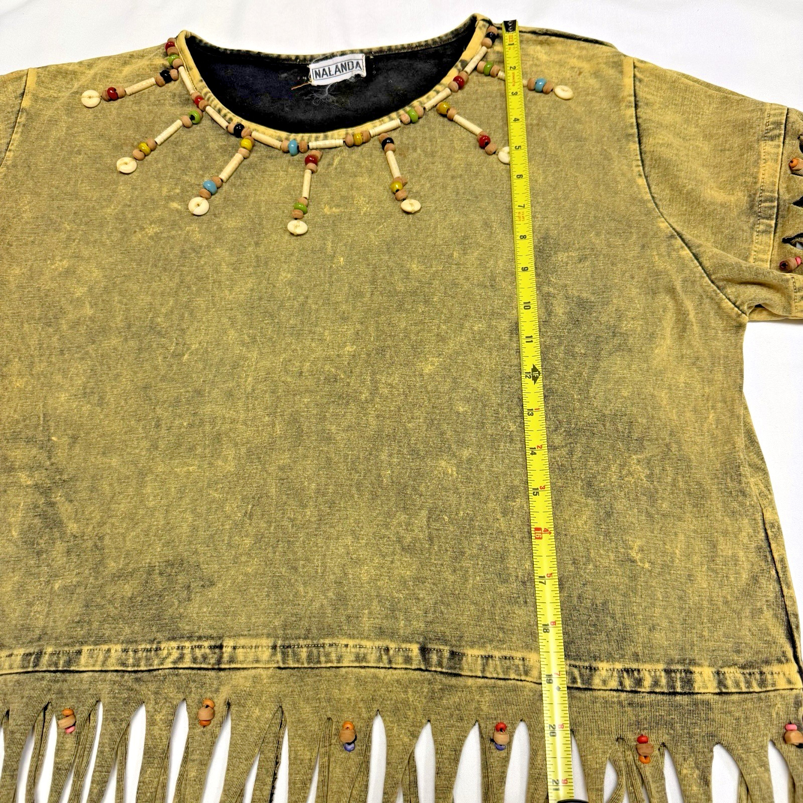 Archive Vtg 90s Nalanda Japan Acid Wash Fringe Beaded Top Native Western M L
