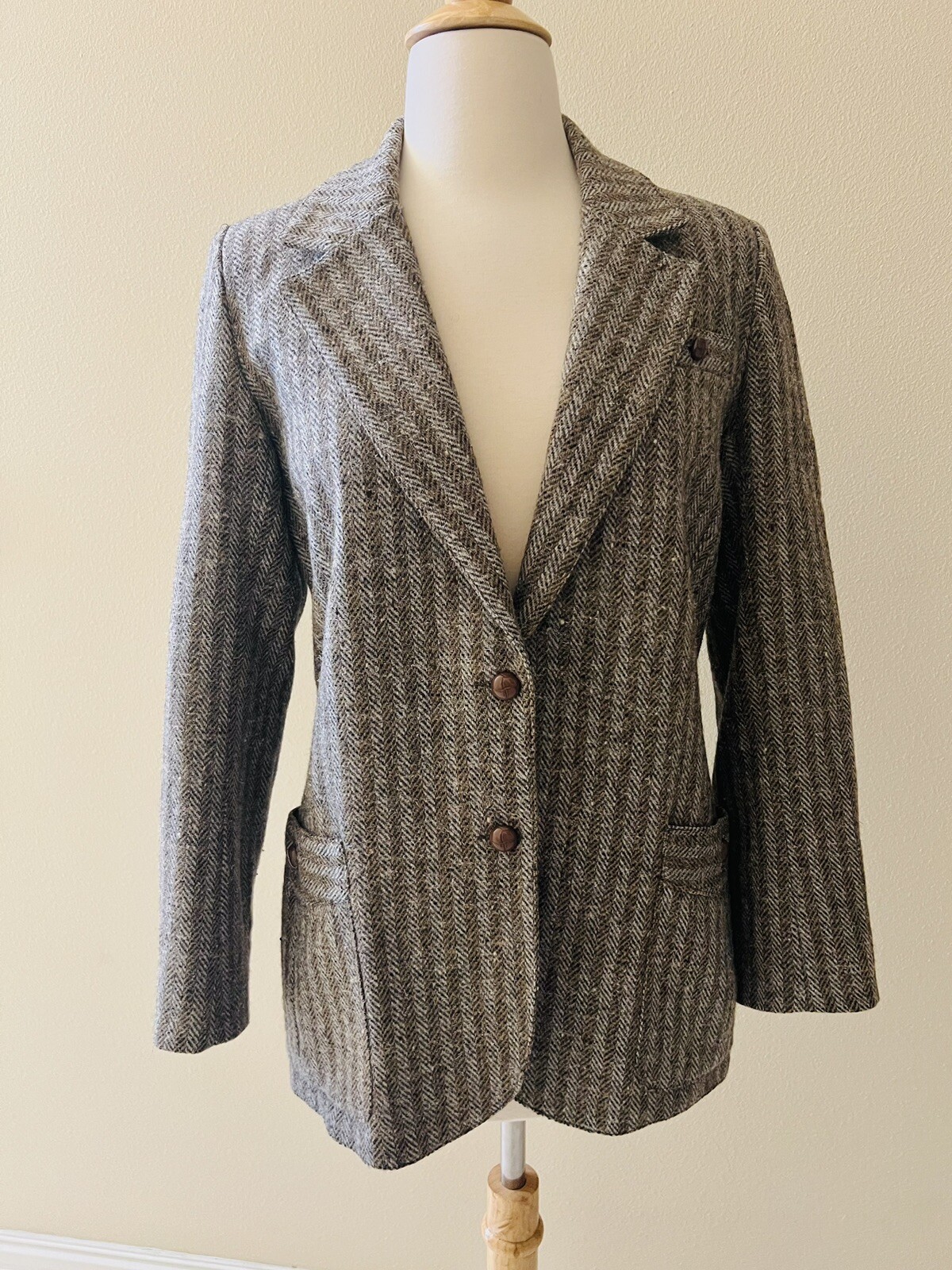 LV Sportswear Vintage Harris Tweed Brown Wool Blazer Jacket 2 Button Women S/M