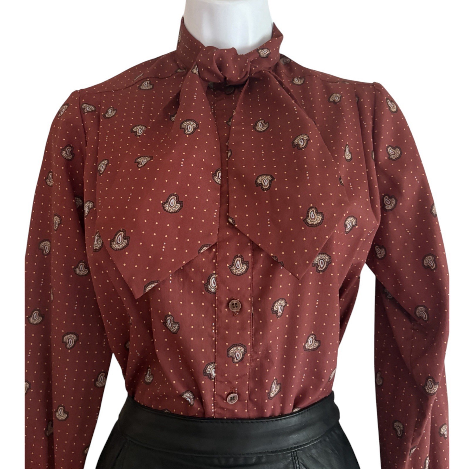 Vintage Evan Picone Secretary Blouse 80s Rust Paisley Bow Tie Blouse M