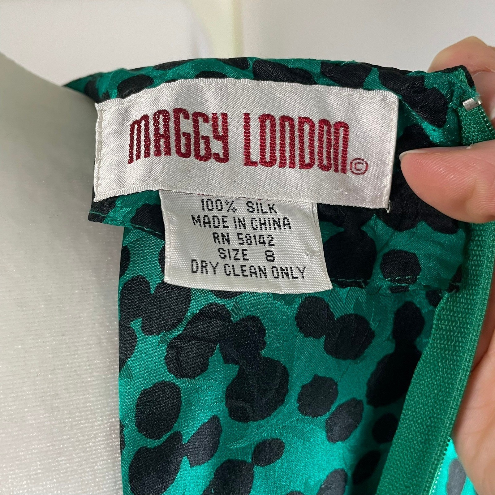 VTG Maggy London Sz 8 Green Black Polka Dot 100% Silk Dress Pleated Ruffle Hem