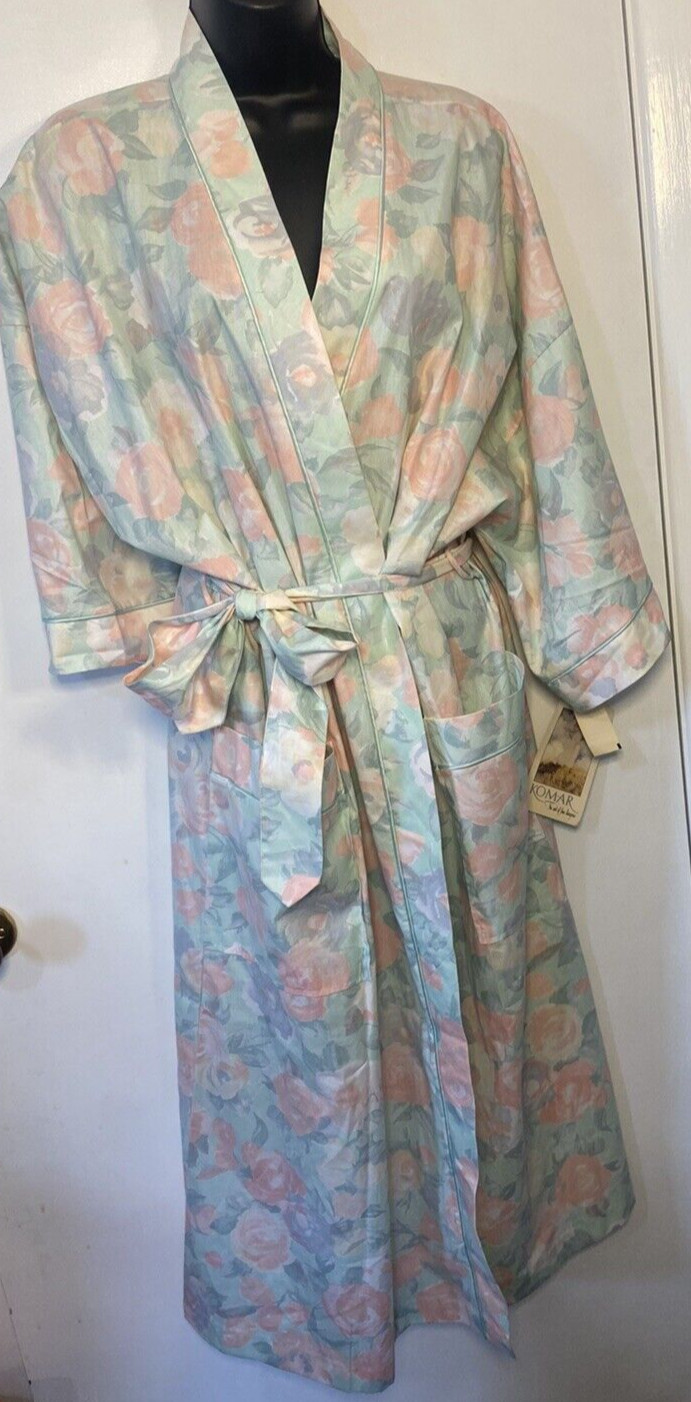 Vintage Komar Floral Robe size XL NEW Pastel Colors Pockets Tie Waist