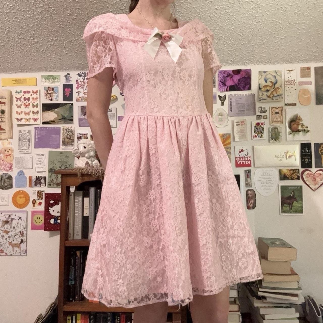 Vintage 60s Pink Coquette Lace Babydoll Dress With Bow + Flower