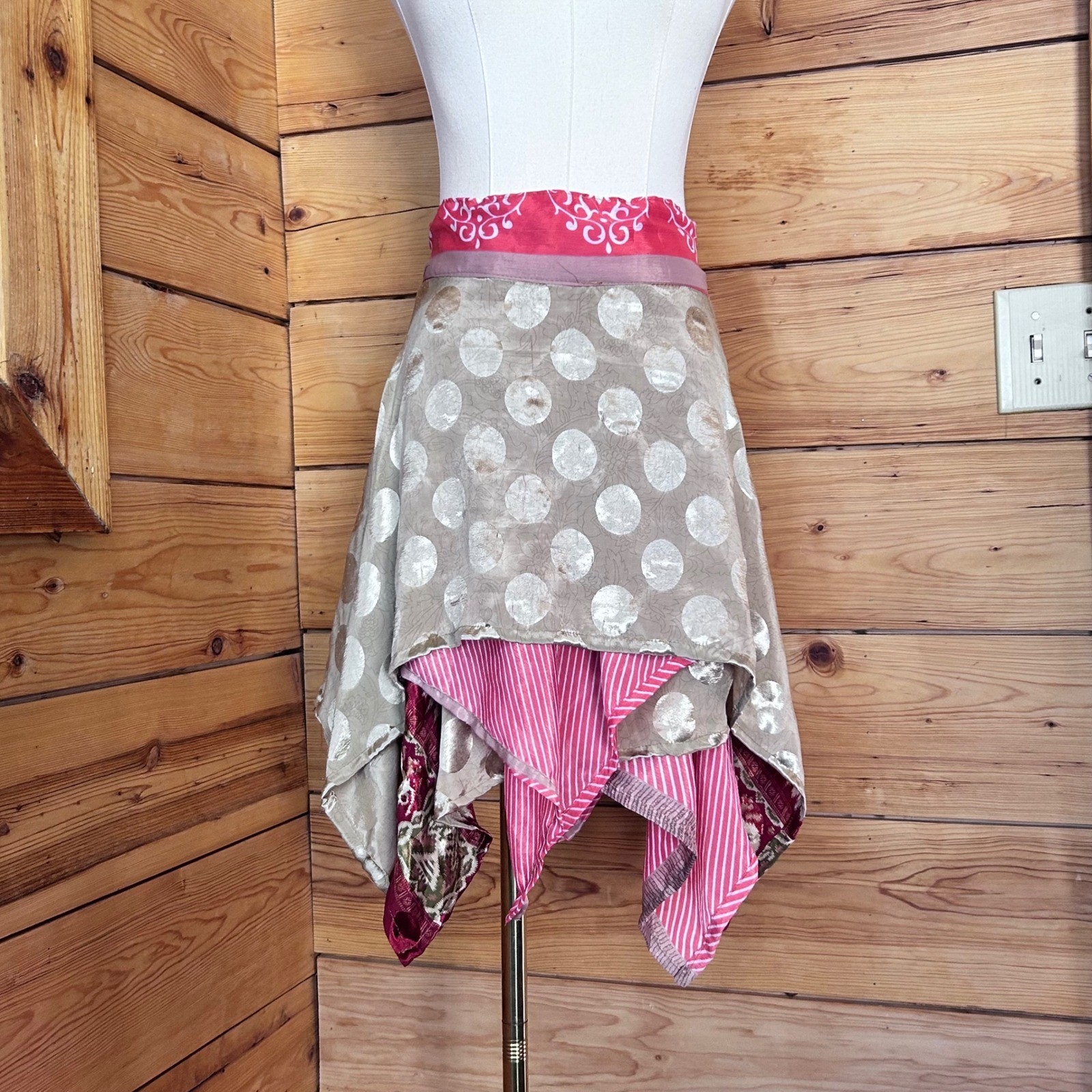 Vintage Silk Reversible Wrap Skirt Women Large Pink Patchwork Boho Handmade OOAK