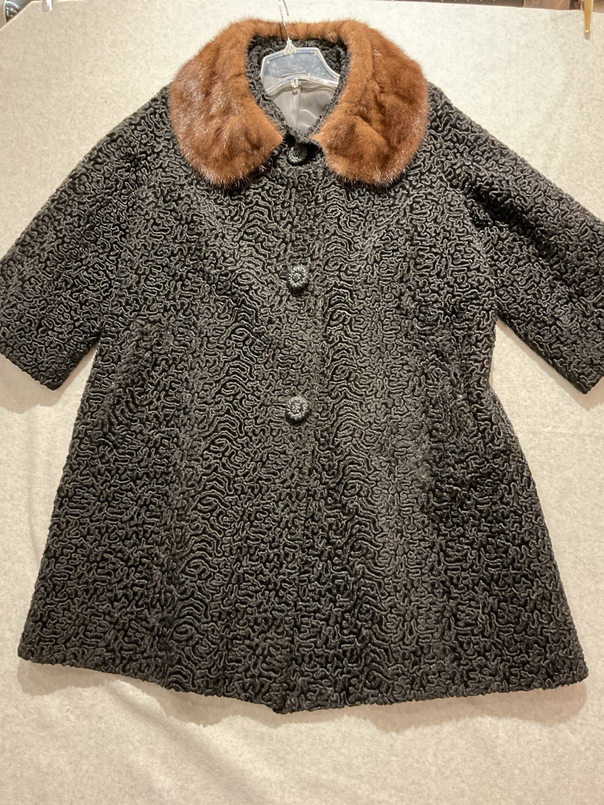 Vtg 60s Astrakin Black Curly Persian Lamb Wool Swing Coat Mink Collar France L
