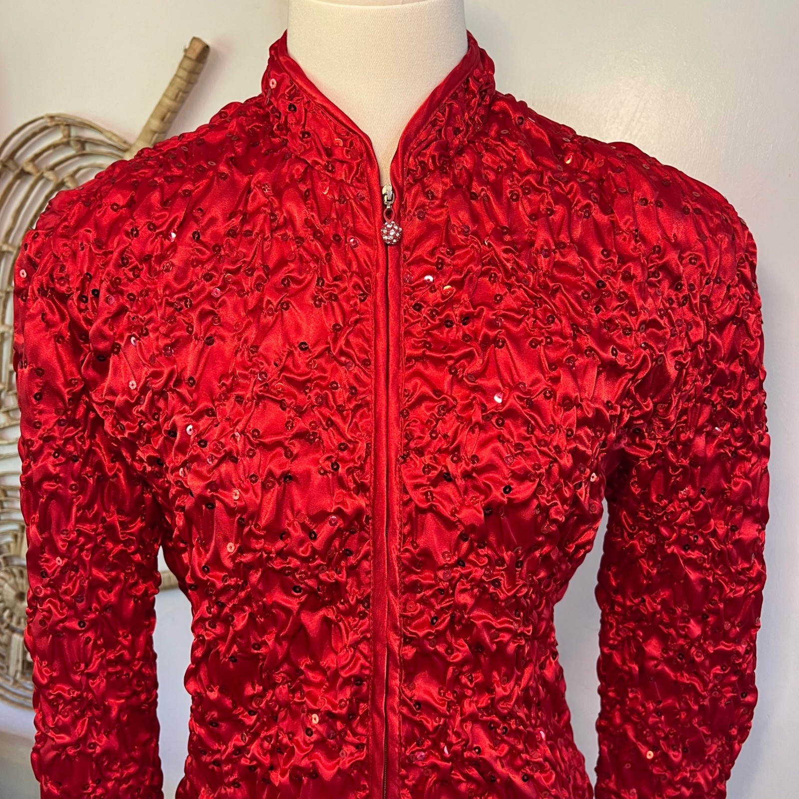 Vintage J.B.S. Ltd Red Ruched Beaded Sequin Zip Up Jacket Party Glam Y2K Small