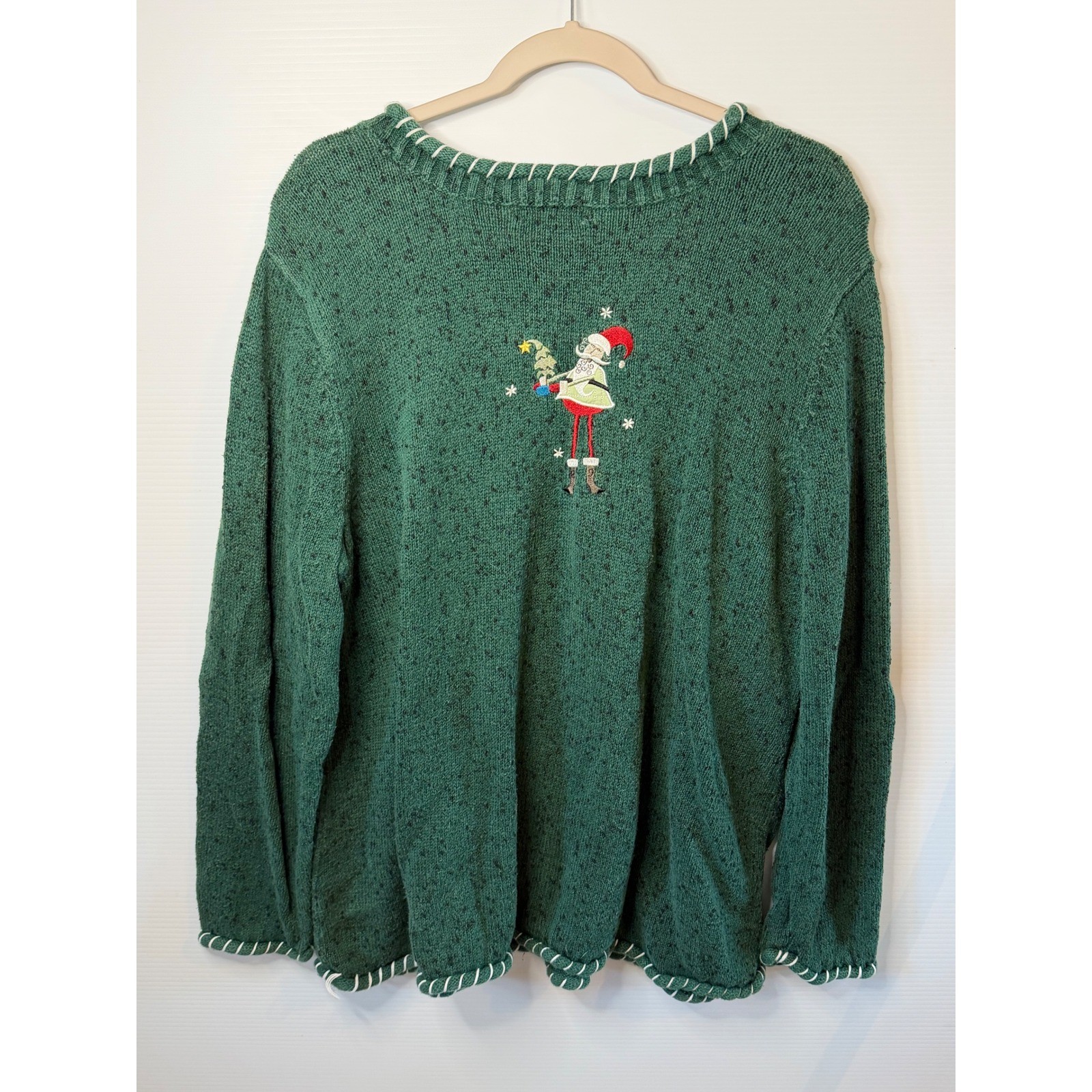 VTG CJ Banks Sweater Green Santa Hand Embroidery Holiday Ugly Christmas Women 2X