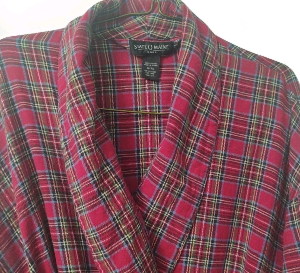 State O Maine UNISEX 1X/2X Red Plaid FLANNEL Cotton Bathrobe Loungewear Cozy Vtg