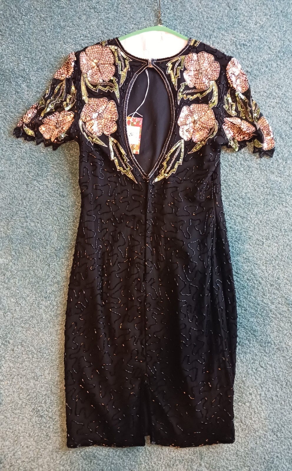 Vintage Black Floral Beaded and Sequin Midi Dress by Scala, Small
