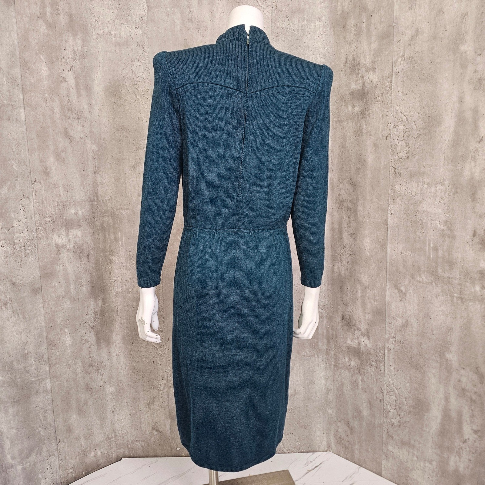 Vintage St John Marie Gray Knit Dress Teal Green Mock Neck 80s 90s FLAWED AS IS