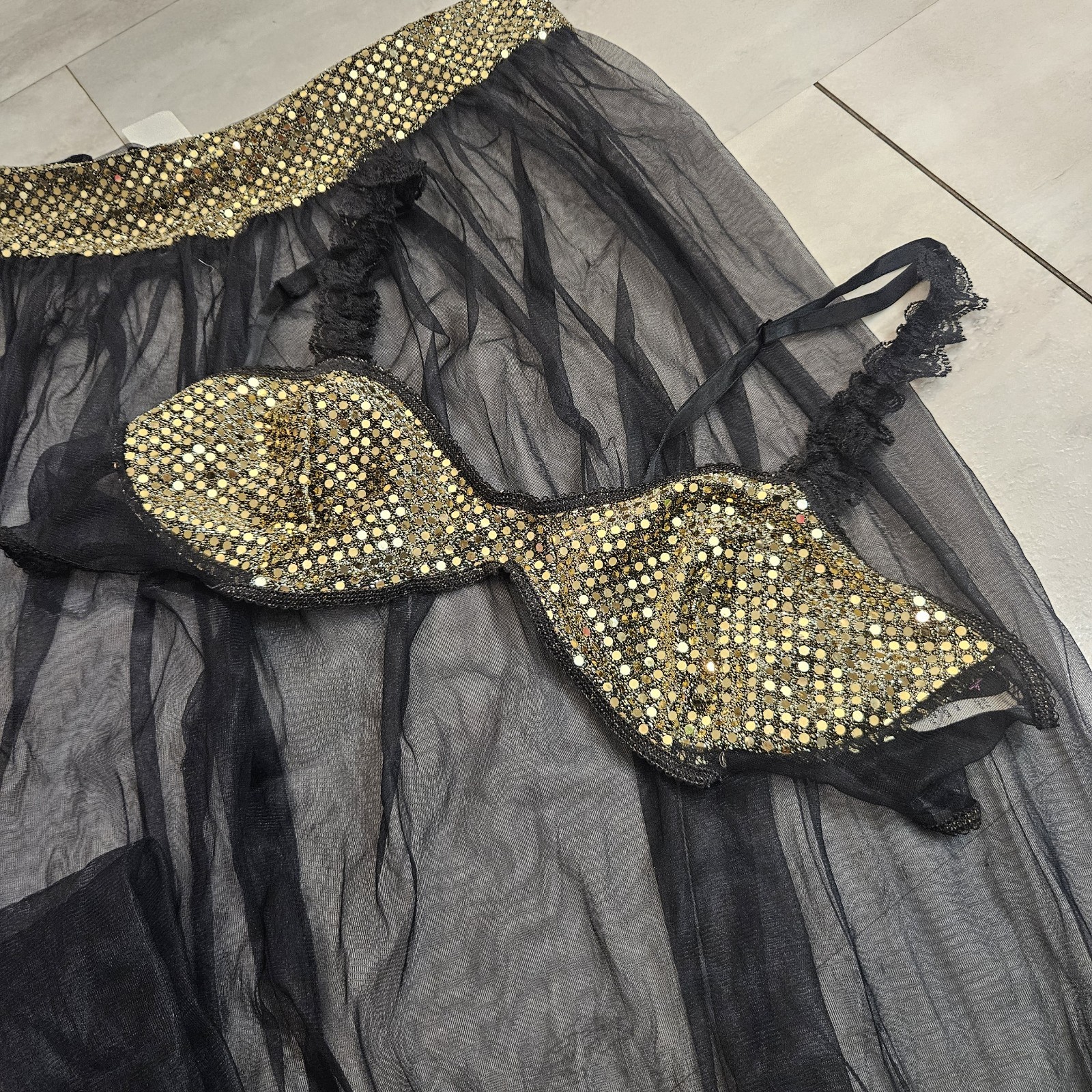 VTG Frederick’s of Hollywood Sheer Mesh Harem Pants Bra Set Sequin Black L USA