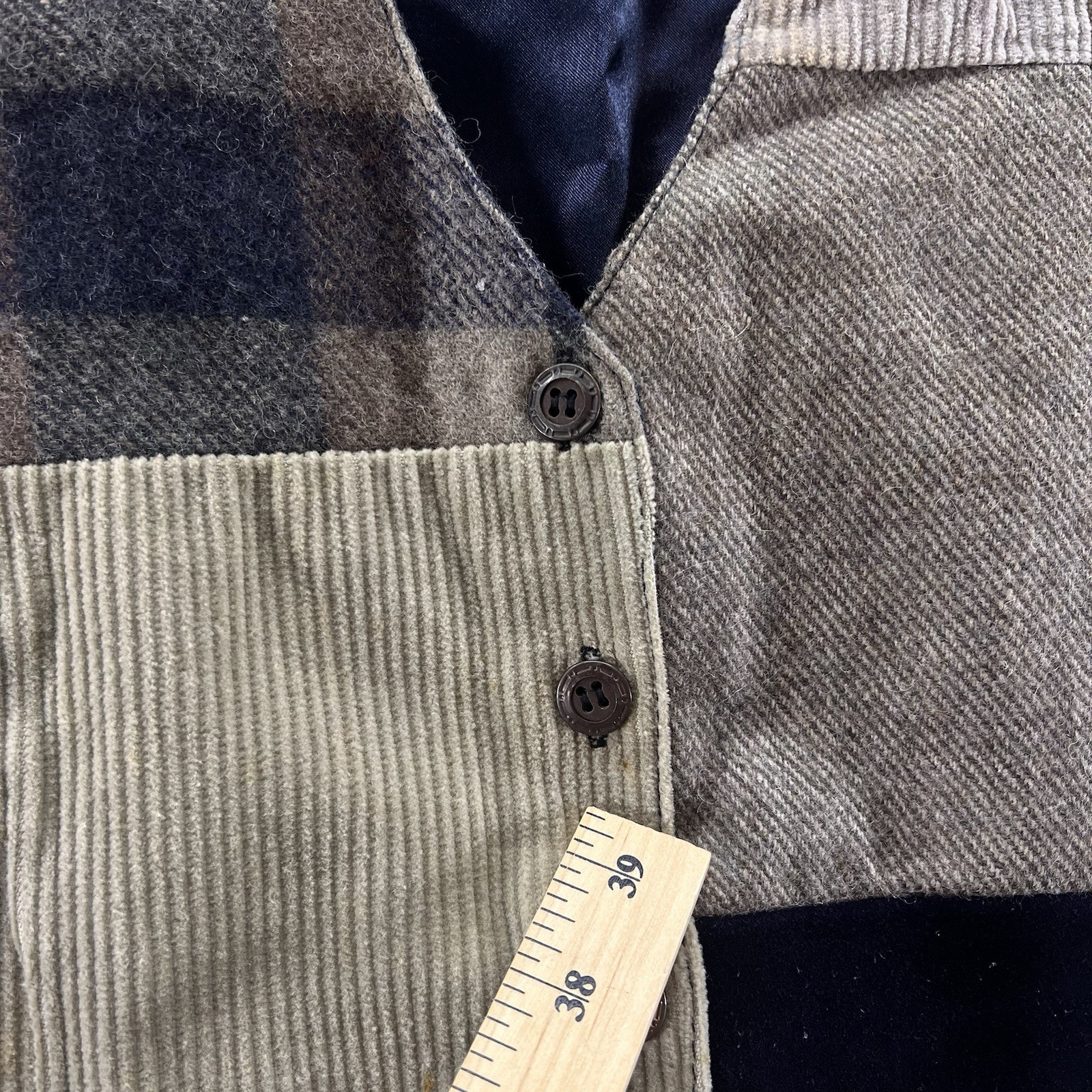 Vintage Tan Zara Patchwork Vest Womens Large Plaid Wool Leather Blend Beige Tan