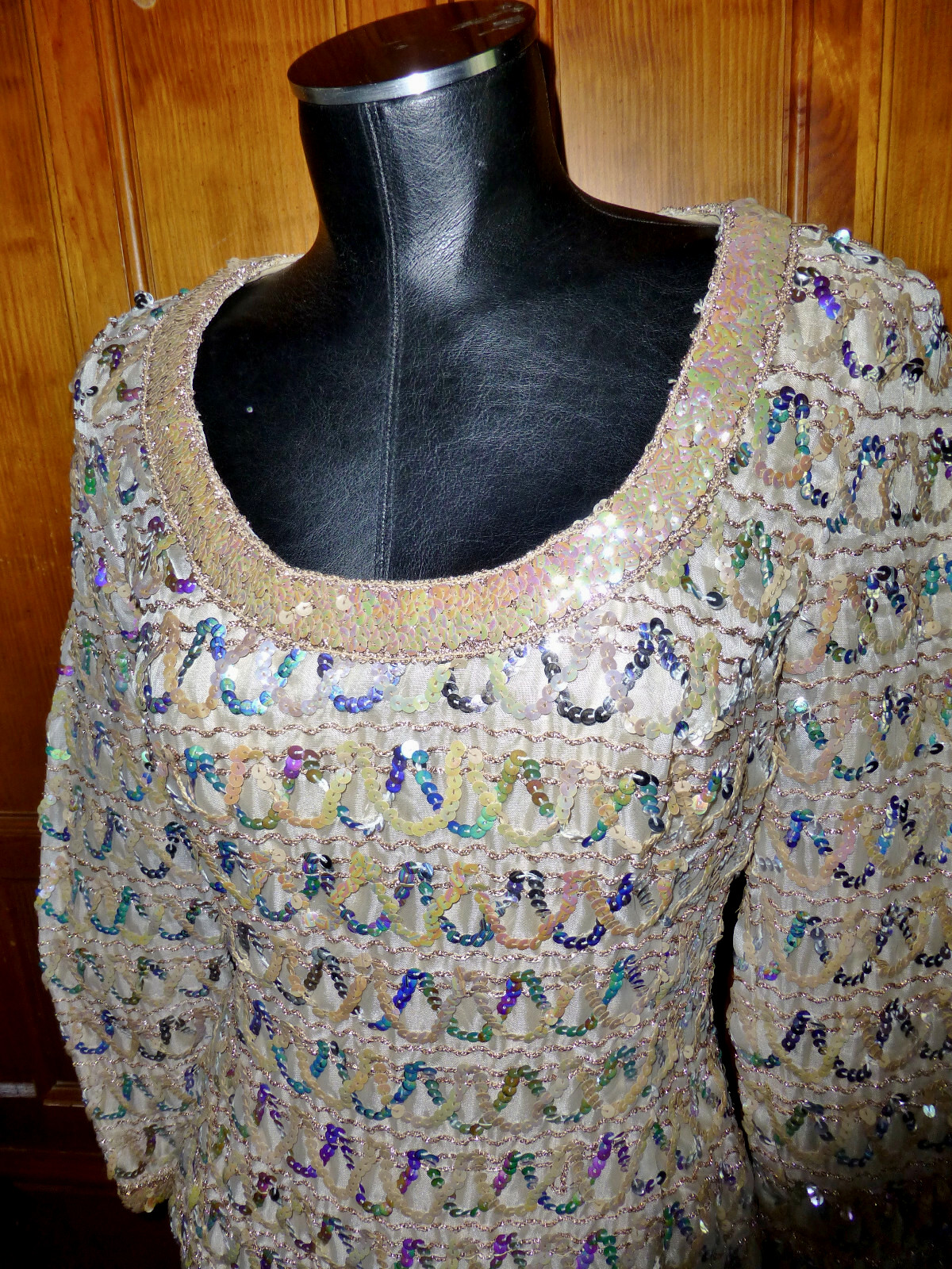 Vtg 60s LILLI DIAMOND Iridescent SEQUIN Evening Formal Party Long slv Top BLOUSE