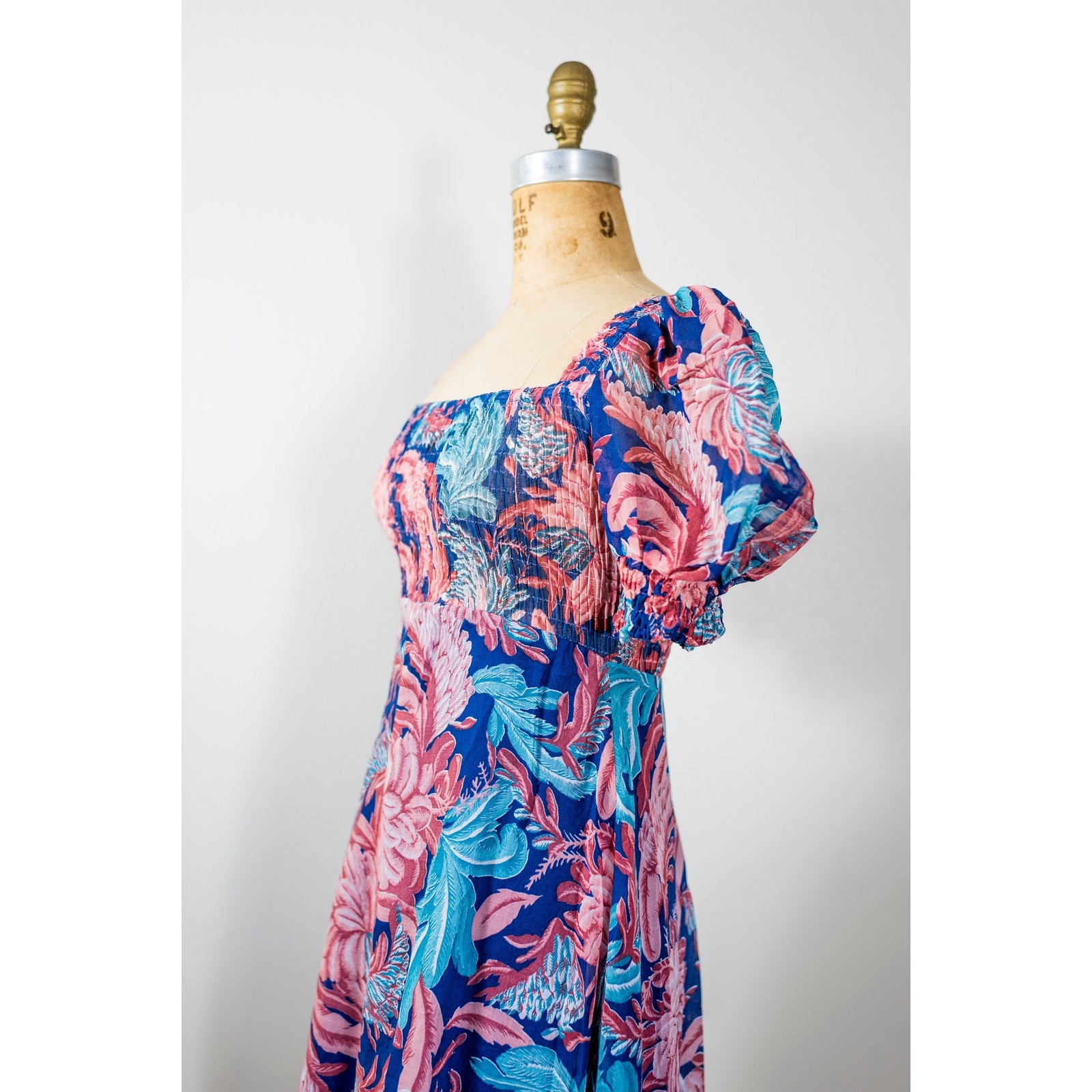 Vintage 70s Puff Sleeve Floral Maxi Dress Pink Blush Blue, Sheer Muslin Gauze XS