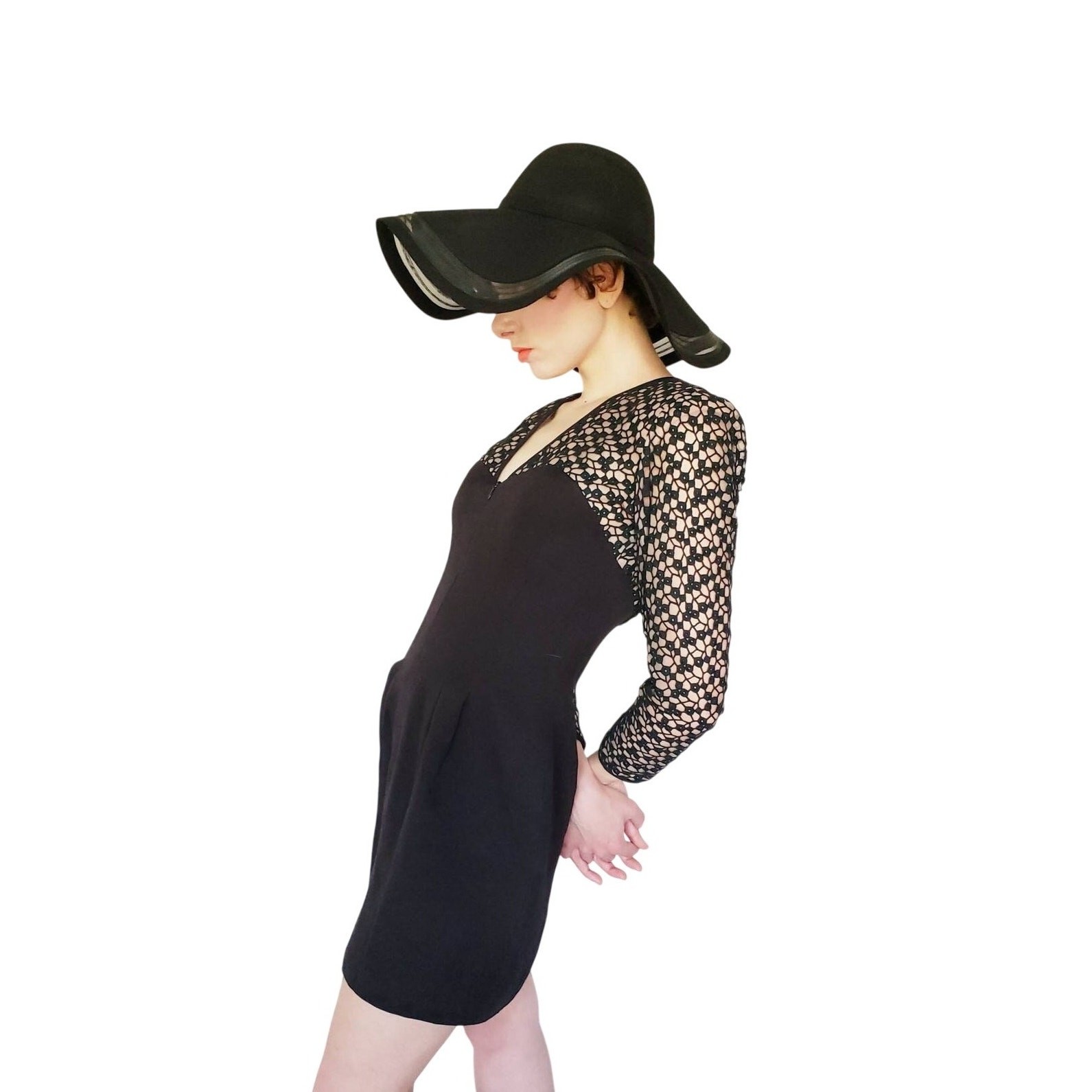 VTG 1980s Black Party Dress Crochet Lace Nude Illusion Kathryn Dianos Zip Front