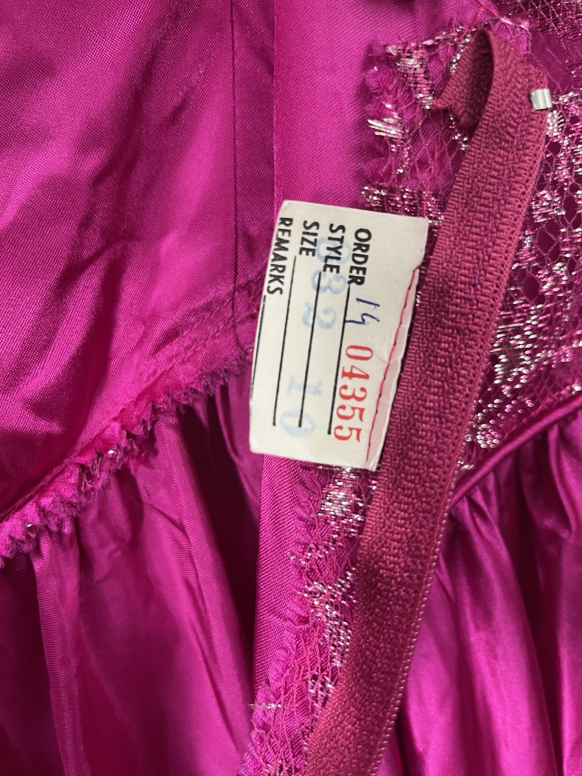 Vtg 80s Hot Pink Satin Dress 3 Bow Back Rhinestone Metallic Lace Prom Formal 10